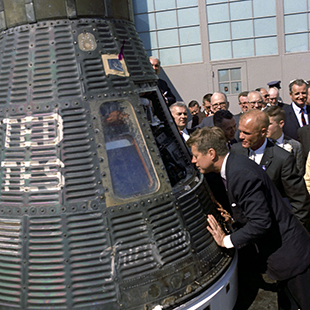 Kennedy inspects a space shuttle at Cape Canaveral in 1962