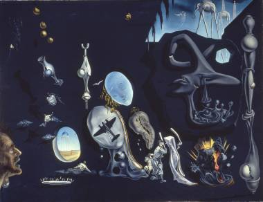 ④　サルバドール・ダリ 《ウラニウムと原子による憂鬱な牧歌》 1945年、66.5×86.5cm、カンヴァスに油彩、国立ソフィア王妃芸術センター蔵 Collection of the Museo Nacional Centro de Arte Reina Sofía, Madrid © Salvador Dalí, Fundació Gala-Salvador Dalí, JASPAR, Japan, 2016. 