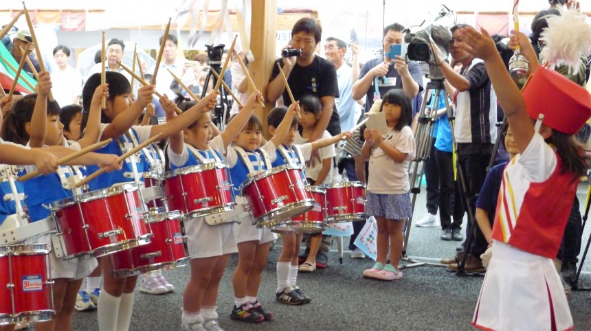 The children of Minami-San-Riku Kindergarten playing their new instruments, donated to them from abroad.
