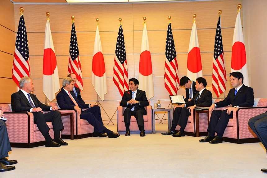 U.S. Secretary of State John Kerry and U.S. Secretary of Defense Chuck Hagel meet with Prime Minister Shinzo Abe at the prime minister's official residence in Tokyo on October 3, 2013. [State Department photo/ Public Domain]