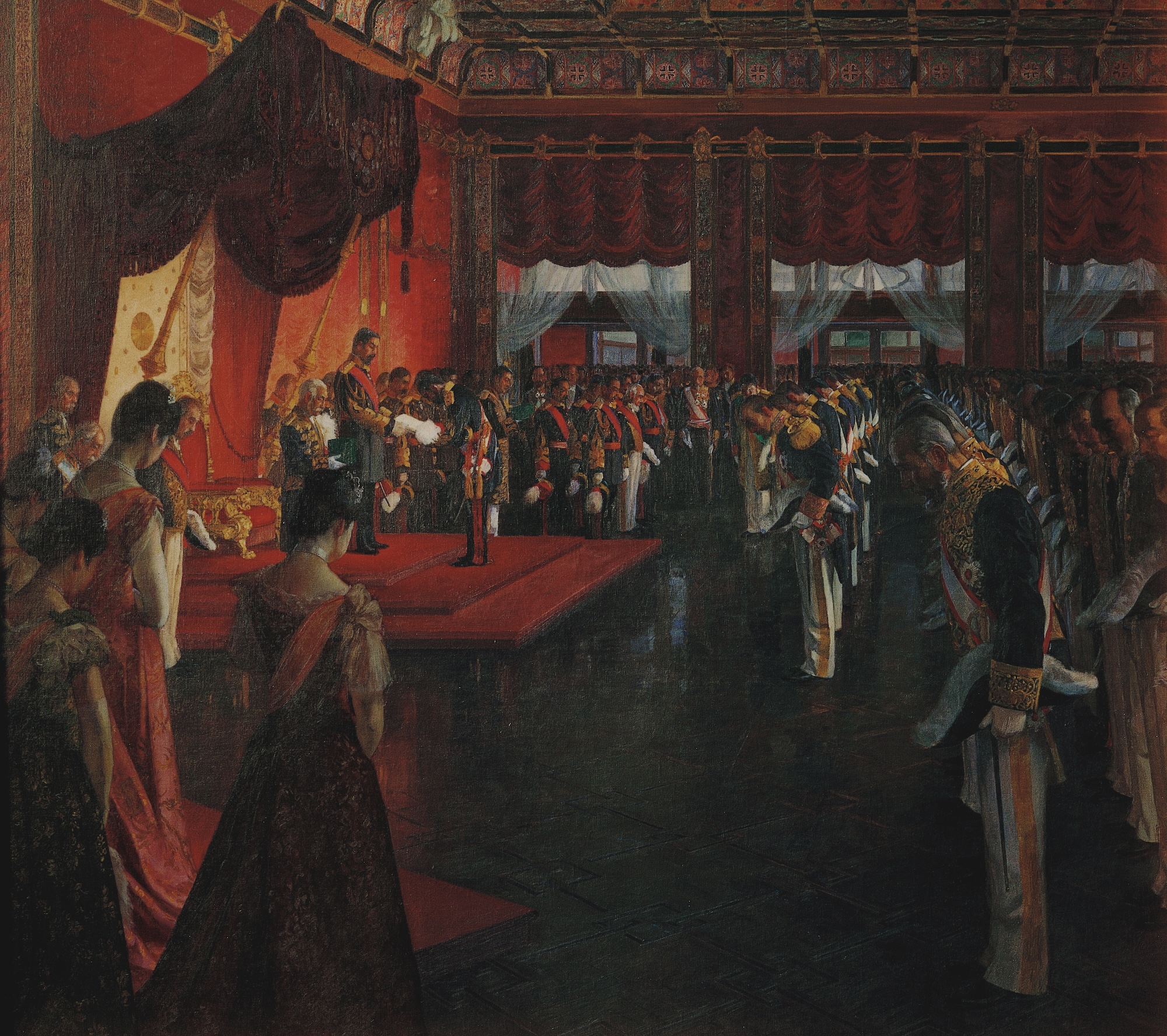 Ceremony for the Promulgation of the Constitution by Wada Eisaku, showing the Emperor presenting the Constitution to Prime Minister Kuroda Kiyotaka at a ceremony in the Imperial Palace on 11 February 1889