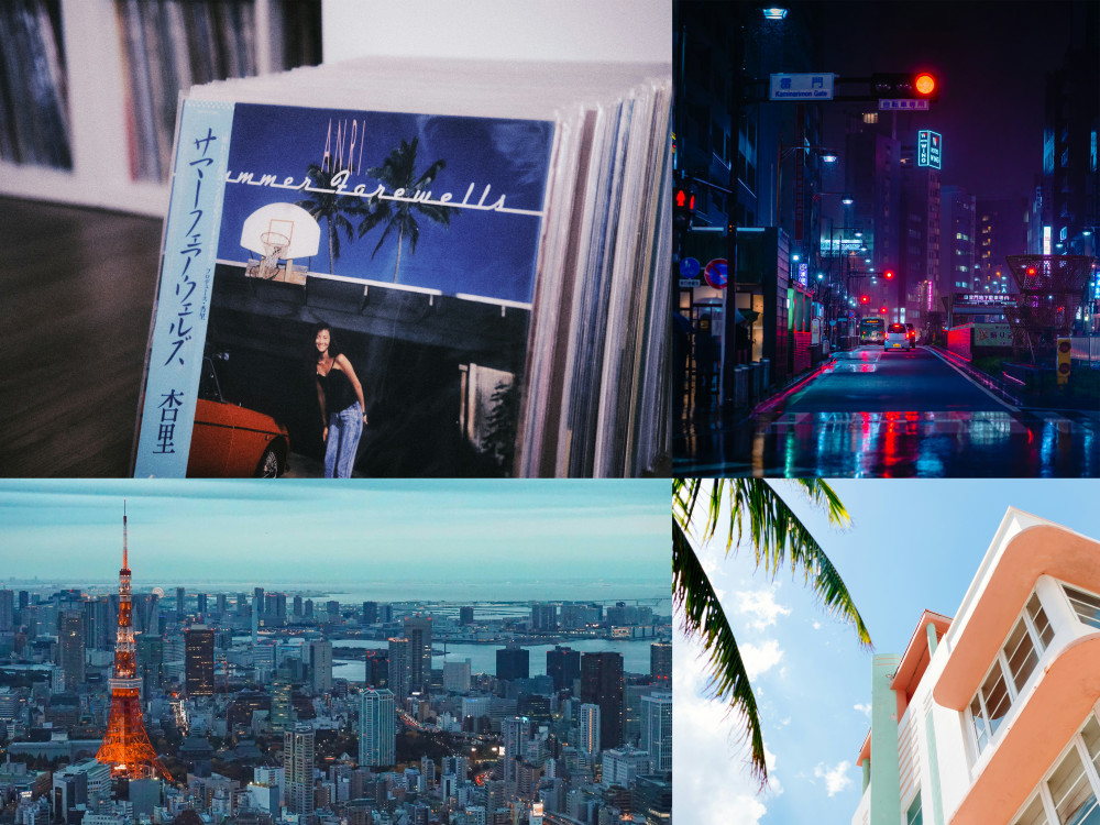 images that visualize the city pop inspirations, including neon lights of Tokyo, high-rise buildings and Tokyo Tower and seaside cities like Miami (artdeco ocean drive)