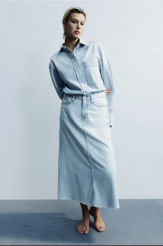 image of H&M Feather Soft Denim Skirt maxi