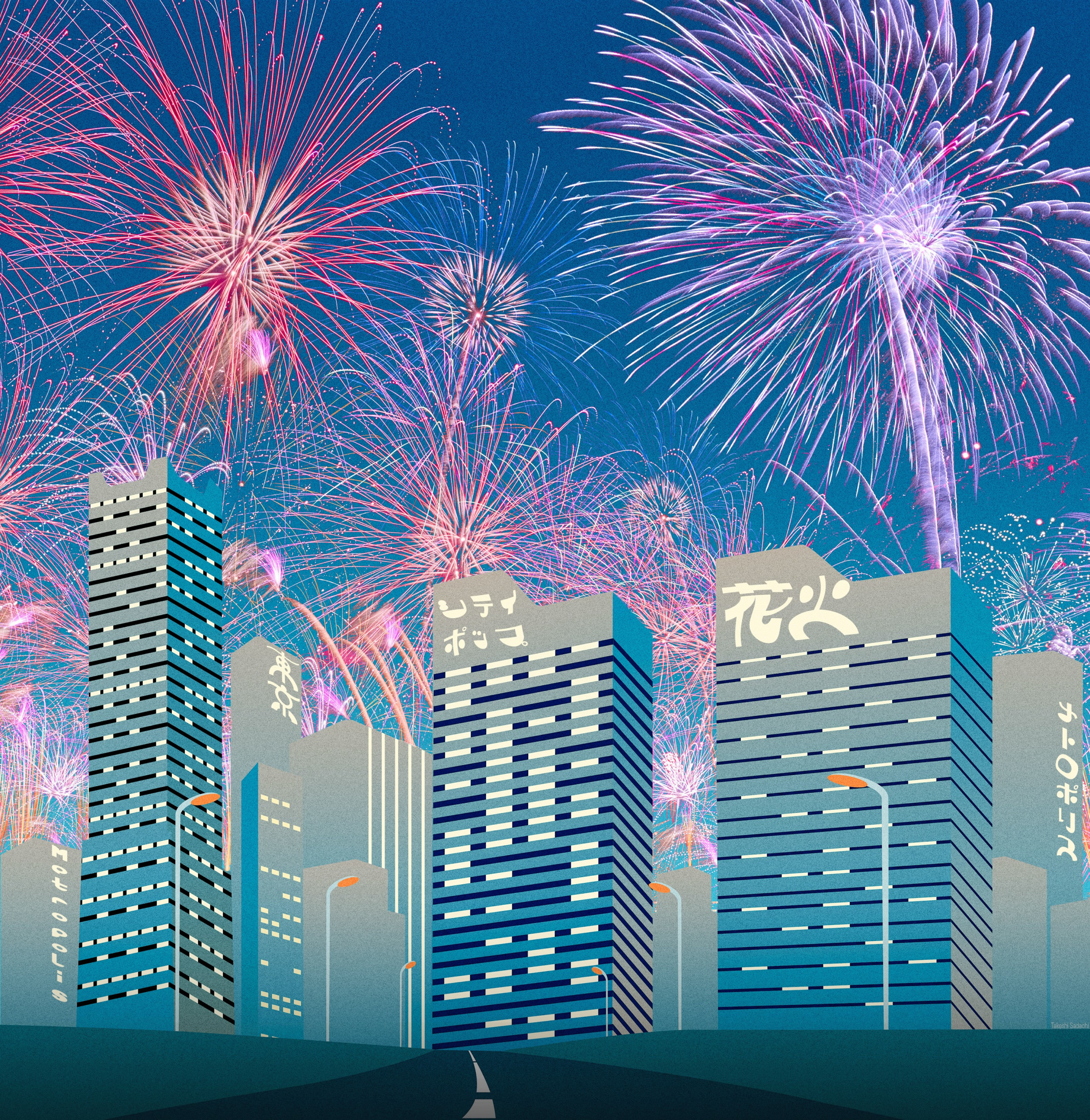 aesthetic illustration of skyline and fireworks, visualizing city pop 