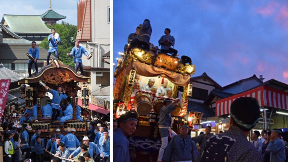 narita gion matsuri daytime and nighttime images with floats and the crowd