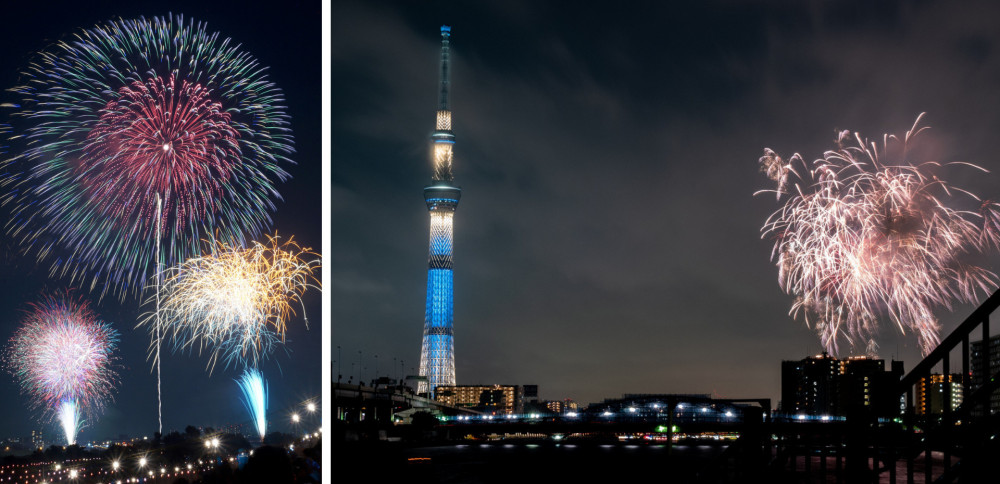 sumidagawa fireworks with tokyo skytree and the silhouettes of houses in the background