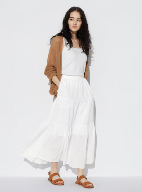 image of UNIQLO Crinkle Cotton Tiered Skirt in white