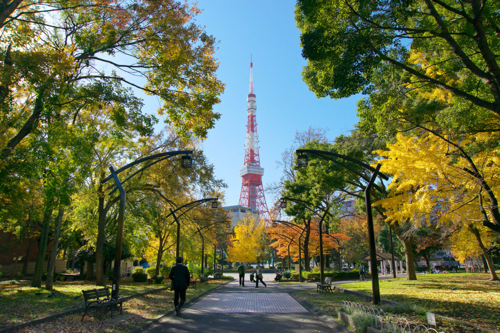 Shiba Park with Tokyo Tower in the background, one of the sights of Tokyo Walk