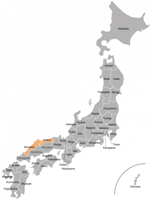 Map showing the San’in region of Japan, including Shimane and Tottori prefectures.