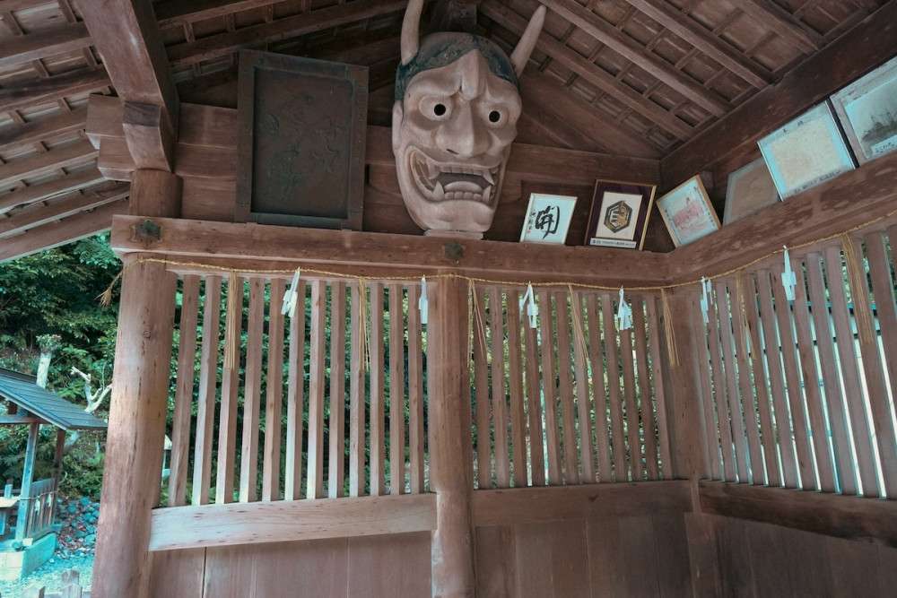 A scary mask displayed in Miho Shrine in Matsue, Shimane Prefecture, dedicated to Ebisu.