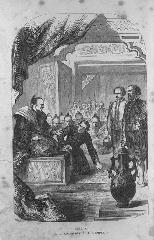 Illustration of William Adams, often known  as Miura Anjin meeting Tokugawa Ieyasu, Shogun of Japan.