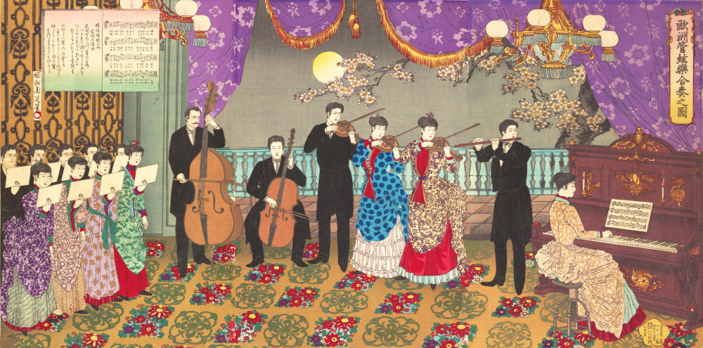 Ukiyo-e of a European-style philharmonic orchestra concert in the Rokumeikan building in Meiji-era Tokyo, Japan. 3 women and 4 men in the orchestra and 8 members of choir performing in the lavish house, with cherry blossoms and the moon showing through the window.