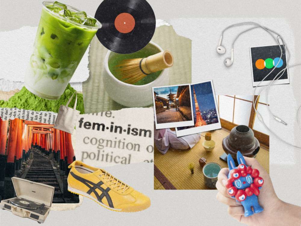 A collage of elements showing Performative Male stereotypes:
Matcha (Latte and traditional whisked), Letterboxd (app), wired earbuds, Labubu (Osaka Kansai Expo 2025 Myakumyaku edition), Onitsuka Tiger Mexico 66 (Kill Bill colored), vinyl, record player, photographs of Kyoto and Tokyo (traveling to Japan is one of the stereotypes), a dictionary excerpt of the term "feminism", and a totebag.
The collage is made to look like vintage paper.